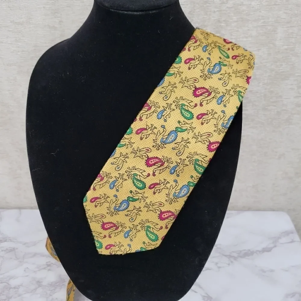 Necktie Partridge Paisley Print Gold Men's Vintage Tie 70s